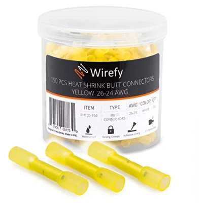 Abbildung von Wirefy Gelbe Stoßverbinder Kabelverbinder Wasserdicht im Set 3:1 Schrumpfrate Quetschverbinder Stoßfeste Verbinder Kfz als Alternative zu Lötverbinder 0,125 0,3mm² 150 Stück
