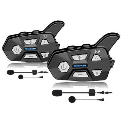 Abbildung von WAYXIN R9 6 Wege Motorrad Headset,Intercom Kommunikationssystem,Reichweite der Helm Headset 1500m Vollduplex Gegensprechanlage,Headset Motorradhelm mit FM, Musikteilen Funktion Doppelpack