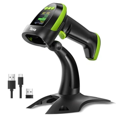 Abbildung von Tera Barcode Scanner Wireless 2D mit Ständer: Pro Version digitalem Einstellungsbildschirm und Tastenfeld funktioniert Bluetooth 2,4G USB Kabel extra schnelle Handheld HW0009 Z Grün