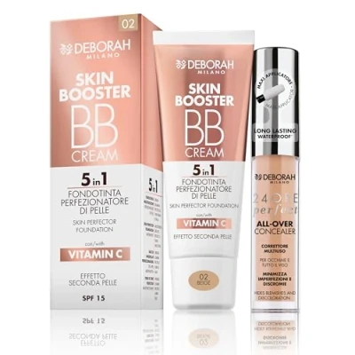 Abbildung von Deborah Milano BB Cream Skin Booster, SPF 15, 02 Beige, mit Vitamin C, zweite Haut, 30 ml und 24 Stunden Perfect All Over, 03 Sand, wasserfest langanhaltend, 5,5 g