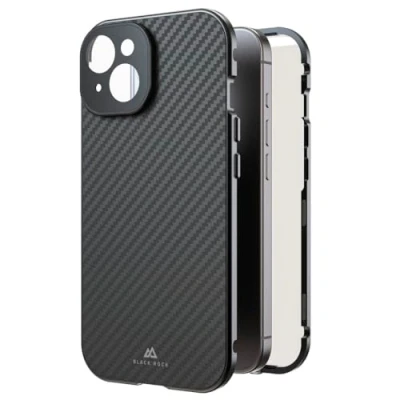 Abbildung von Black Rock Hülle für iPhone 15 (Carbon Beschichtung, Kameraschutz, Metallrahmen, 360 Rundumschutz, Wireless Charging kompatibel, ultradünn, Slim, Magnet, Cover, Handyhülle, Case) Real Carbon
