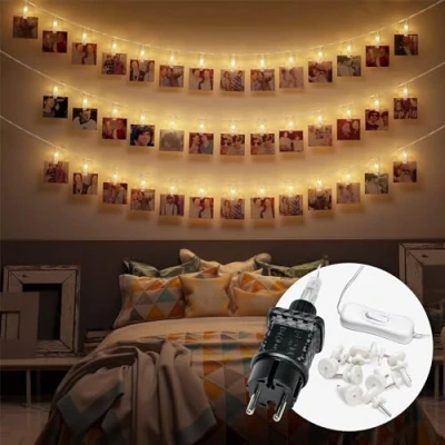 Abbildung von COZY HOME LED Lichterkette Fotoclip Batterie und Stecker, 30 LEDs I Timer Funktion 6 Meter Warmweiße