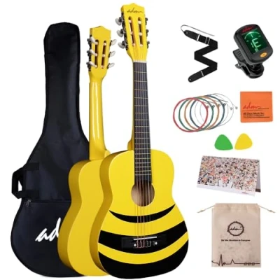 Abbildung von ADM 1/4 Kindergitarre Junior Konzertgitarre für Anfänger mit Stimmgerät, Tasche, Gurt, Zusätzlichen Saiten und Plektren, gelb Honigbiene