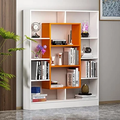 Abbildung von Homidea Venus Bücherregal Standregal Büroregal Raumtieler für Wohnzimmer/Büro in modernem Design (Weiß/Orange)