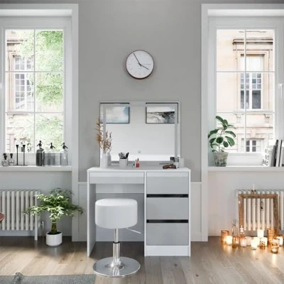 Abbildung von Vicco Schminktisch Sherry, Weiß Hochglanz, 90 cm mit LED Spiegel und Hocker