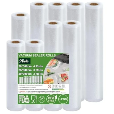 Abbildung von Omtofo Profi Vakuumierbeutel 9 Rollen 20/25/28cm*300cm, BPA frei, extrem stark &amp; reißfest, eingeprägte Luftrillen, wiederverwendbar, Sous Vide, für Lebensmittel Vakuumiergerät