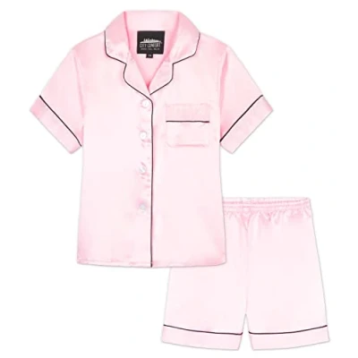 Abbildung von CityComfort Silk Pyjama Set für Mädchen, Kurze Schlafanzughose &amp; Kurzärmliges Oberteil mit Kragen Knopfleiste Geschenke Mädchen (Rosa, 15 16 Jahre)