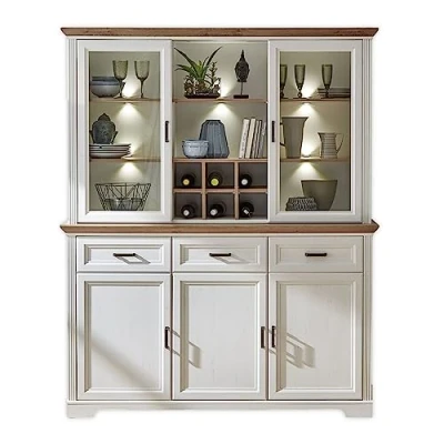 Abbildung von Stella Trading Buffetschrank in Pinie hell, Artisan Eiche Optik Vitrinenschrank mit LED Beleuchtung und viel Stauraum im Landhausstil 166 x 205 48 cm (B/H/T)