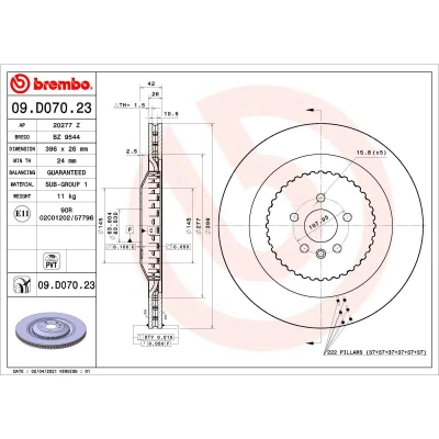 Abbildung von BREMBO 09.D070.23 Bremsscheibe 396 26 5 innenbelüftet, Verbundbremsscheibe beschichtet JAGUAR: F Pace, LAND ROVER: Range Rover Velar