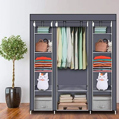 Abbildung von Oshion Kleiderschrank Faltschrank Stoffschrank Faltbare Garderobe Canvas mit Reißverschluss Kleiderstange, Fächern (150 x 45 175 cm grau)