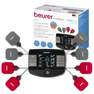 Abbildung von Beurer EM 89 Digital TENS/EMS Gerät mit Wärmefunktion, 4 in 1 Funktion zur Schmerztherapie, Muskelstimulation, Massage und Wärmetherapie, getrennt regelbare Kanäle, 8 Elektroden &amp; Akku