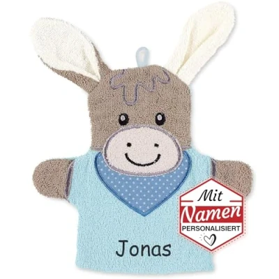 Abbildung von Sterntaler Spiel Waschhandschuh mit Namen bestickt, Esel Emmi Waschlappen für Kinder &amp; Babys personalisiert, 22 cm Blau Junge