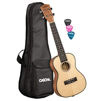 Abbildung von CASCHA Konzert Ukulele, Massive Fichtendecke, Solid Top, Hawaii Gitarre Set mit Aquila Saiten, Zubehör, Tasche und 3 Plektren