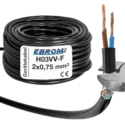 Abbildung von EBROM Kunststoff Schlauchleitung RUND, LED Kabel, Stromkabel, Leitung, Gerätekabel H03VV F 2x0,75 mm² Farbe: schwarz, viele Längen in 5 m Schritten bis 250 Meter mm2, Ihre Kabellänge: