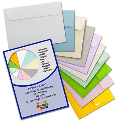 Abbildung von 50 Briefumschläge Farbenmix Paket 2 DIN C6 114 x 162 mm Kuverts mit Haftklebung ohne Fenster für Gruß Karten &amp; Einladungen Serie FarbenFroh