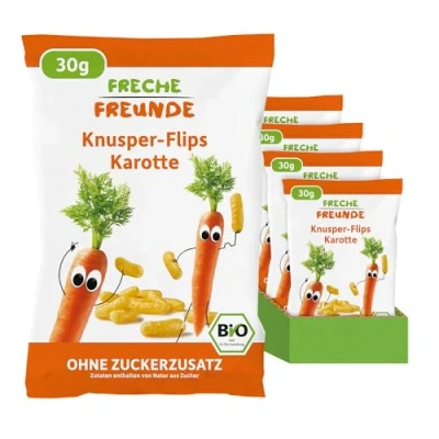 Abbildung von FRECHE FREUNDE Bio Knusper Flips Karotte, ohne Zuckerzusatz, Knabberzeug für Kinder und Babys ab 1 Jahr, vegan, 9er Pack (9x30g)