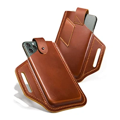 Abbildung von Retro Leder Handytasche Hülle, Herren Handy Gürteltasche mit Gürtelschlaufe, Universal Tragetasche Handyhülle für iPhone 12 Pro/12/11 Pro Max/Xs Max/Xr/7/8 Plus, Outdoor Reise Holster Brown