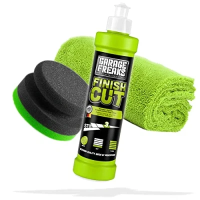 Abbildung von Garage Freaks Handpolitur Set Step 3: Finish Cut Hochglanzpolitur 250ml Für ein perfektes Hochglanz + Handpolierschwamm Edgeless Mikrofaser Poliertuch eine optimale Auto Politur