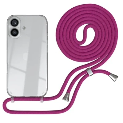 Abbildung von EAZY CASE Handykette kompatibel mit iPhone 16 Handyhülle Umhängeband, Handykordel Schutzhülle, Silikonhülle, Hülle Band, Stylische Kette für Smartphone, Pink