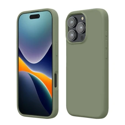 Abbildung von kwmobile Hülle kompatibel mit iPhone 16 Pro Silikon Handy Case Handyhülle weiche Oberfläche kabelloses Laden Graugrün