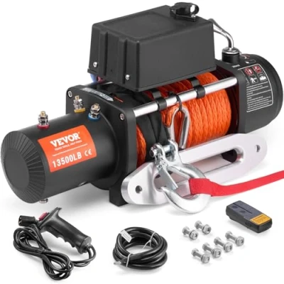 Abbildung von VEVOR Elektrische Seilwinde 6123kg Motorwinde 12V DC Elektrowinde mit Φ1x2438,4cm Synthetikseil Alu Seilführung kabellose/kabelgebundene Fernbedienung IP55 zum Schleppen von Geländewagen Jeeps Booten