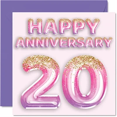 Abbildung von Stuff4 Hübsche Porzellan Jubiläumskarte für Ehefrau, Freundin, Ehemann, Freund, rosa lila Glitzer Luftballons Happy 20th Anniversary Cards from Family, 145 mm x Grußkarten 20. Jubiläen