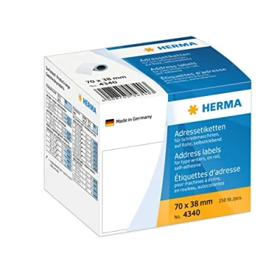 Abbildung von HERMA 4340 Adressetiketten für Schreibmaschinen auf Rolle, 70 x 38 mm, 250 Stück, selbstklebend, matt, blanko Papier Adressaufkleber Klebeetiketten Aufkleber, weiß