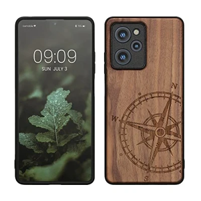 Abbildung von kwmobile Hülle kompatibel mit Xiaomi Poco X5 Pro 5G Holz Case Handy Cover TPU Handyhülle in Dunkelbraun Kompass Vintage