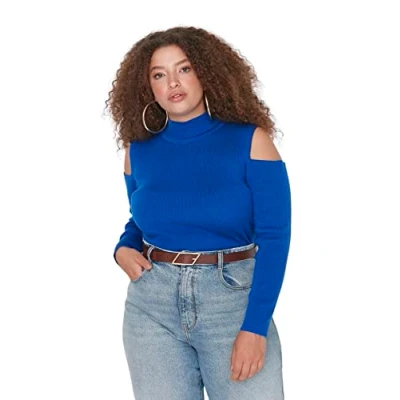 Abbildung von Trendyol Damen Rollkragenpullover, einfarbig, regulär, Übergröße Sweatshirt, Indigo, XX Large