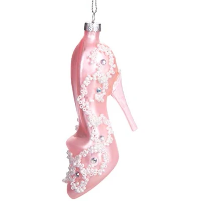 Abbildung von BRUBAKER Christbaumschmuck Handbemalte Weihnachtskugel Rosa Stöckelschuh, schicker Weihnachtsanhänger aus Glas, mundgeblasenes Unikat 9 cm