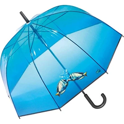 Abbildung von HAPPY RAIN Stockregenschirm großer, transparenter Glockenschirm für Damen, durchsichtig blau mit Fischen kissing fishes