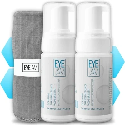 Abbildung von EyeAm Brillenschaum mit kolloidalem Silber, Für die Reinigung der Brille, Glasreiniger (2x100ml Inkl. Mikrofasertuch)