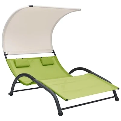Abbildung von vidaXL Doppel Sonnenliege mit Sonnendach Doppelliege Gartenliege Liege Relaxliege Gartenmöbel Strandliege Freizeitliege Textilene Grün