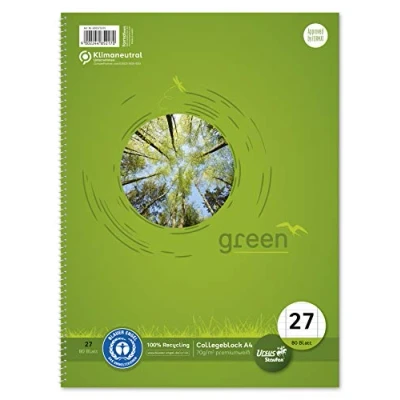 Abbildung von Staufen Green Collegeblock DIN A4, Lineatur 27 (9mm liniert mit Randlinien), 80 Blatt, 4 fach Lochung, premiumweißes 70g/m² Recyclingpapier, 1 Stück