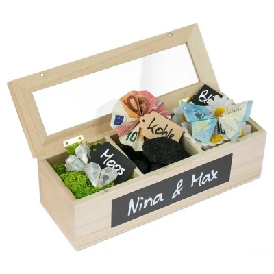 Abbildung von SURPRISA Geschenkbox Schotter Schatulle Geldgeschenk, aus Paulownienholz, 3 Fächer, Geschenk zur Hochzeit, Geburtstag usw.