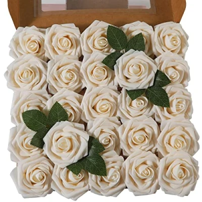 Abbildung von Ruiuzioong Künstliche 25 Stück Rosen Blumen Schaumrosen Foamrosen Kunstblumen Rosenköpfe Gefälschte Kunstrose Rose für Hochzeit Blumensträuße Braut Zuhause Dekoration (Champagner, Stück)