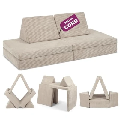 Abbildung von Linodino® Spielsofa Cord Kindersofa aus Schaumstoff Bausteine für Kinder &amp; Kuschelecke im Kinderzimmer I Elfenzauber Beige
