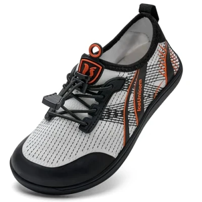 Abbildung von IceUnicorn Barfussschuhe Kinder Breite Badeschuhe Junge Mädchen Strandschuhe Aquaschuhe Barfußschuhe rutschfest Wasserschuhe(Weiß Orange, 28EU Weit)
