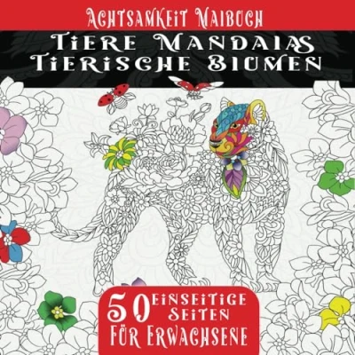 Abbildung von Achtsamkeit Malbuch mit Tiere Mandalas und Tierische Blumen für Erwachsene: 50 Schwarzer Hintergrund Kreative Mandala zum Stressabbau Entspannung. (Löwen, Elefanten, Eulen, Katzen, Fisch)
