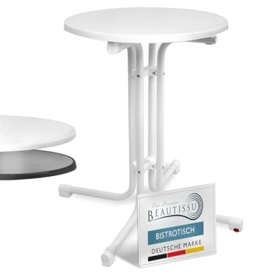 Abbildung von Beautissu Bistrotisch Outdoor Rund Ø 60 cm Wasserfest Beistelltisch Balkontisch Wetterfest Gartentisch Klappbar 70 hoch Campingtisch Partytisch Esstisch Gastro Weiß Bistroni