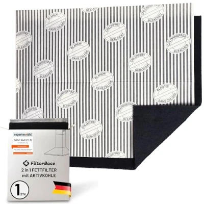 Abbildung von FilterBase® Aktivkohlefilter Dunstabzugshaube Einzel Pack Fettfilter Flach + Kohlefilter für Dunstabzug Filter Abzugshaube Aktivkohle Filtermatte zuschneidbar 57x47 cm
