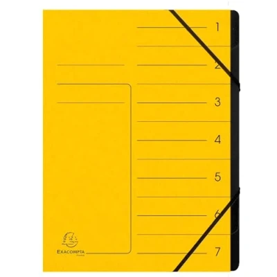Abbildung von Exacompta Ref. 540709E Karton mit 10 Ordnern Klammerrücken Gummibändern bedruckter Deckel aus Glanzkarton und schwarzer Innenseite recycelter Karte 7 Fächer 24,5 x 32 cm A4