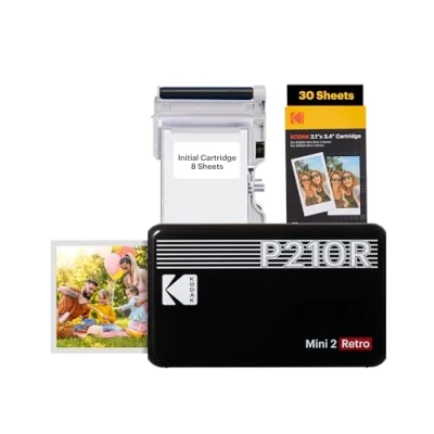 Abbildung von KODAK Mini 2 Retro 4PASS Mobiler Fotodrucker (5,3x8,6cm) Paket met 68 Blatts, Schwarz