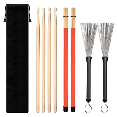 Abbildung von Drumsticks Klassisch Set, 4 Paar Ahorn Drahttrommelbürste und Dowel mit Aufbewahrungstasche für Anfänger oder Fortgeschrittenen Drummer