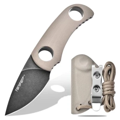 Abbildung von TONIFE Runer Feststehendes Neck Knife mit Scheide und Lanyard 4,7cm Full Tang Klinge EDC Messer für Outdoor (Warmer Sand+Schwarz Oxid dann Stonewash)