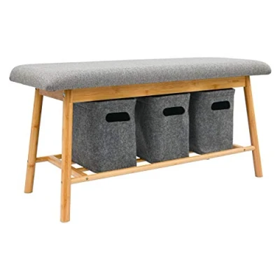 Abbildung von DuneDesign Nordic Sitzbank mit 3 Filzkörben 90x34x44 Bambus Schuhbank Holz Bank für Flur Garderobe