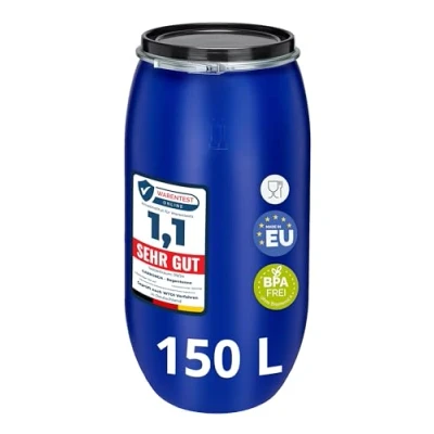 Abbildung von Garronda 150 Liter Regentonne mit Deckel Weithalsfass aus HDPE Regenfass für Garten Fass Regenwassertonne Futtertonne Universalfass Wasserfass Regentonnen Lebensmittelfass Wassertank GD 0078, Blau
