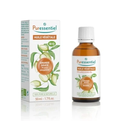 Abbildung von Puressentiel Bio Süßmandel Pflanzenöl Kaltgepresst zertifiziert 100% rein und natürlich ideal für die Pflege von Haaren Haut, feuchtigkeitsspendend Vegan Cruelty free 50 ml