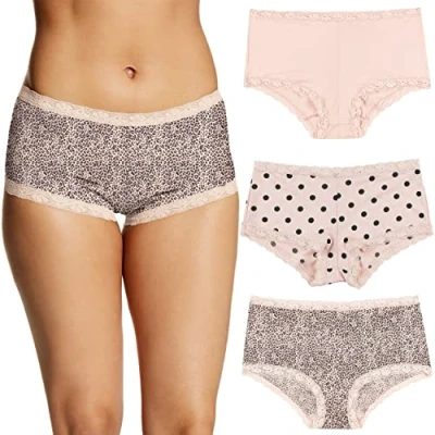 Abbildung von Maidenform Damen Underwear, Microfiber with Lace Boyshort Panties, One Fab Fit, 3 Pack Slips für Jungen, Sandshell/Modern Dot/Leopard Print, M (3er Pack)