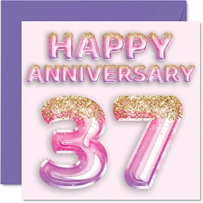 Abbildung von Stuff4 Hübsche Karte zum 37. Jahrestag für Ehefrau, Freundin, Ehemann, Freund, rosa lila Glitzerballon Happy 37 Jahrestagskarten aus der Familie, 145 mm x Grußkarten Jubiläen
